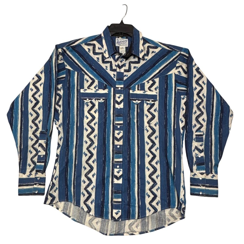 Vintage Rockmount Ranch Wear Shirt Medium Blue Aztec Pearl Snap Western USA